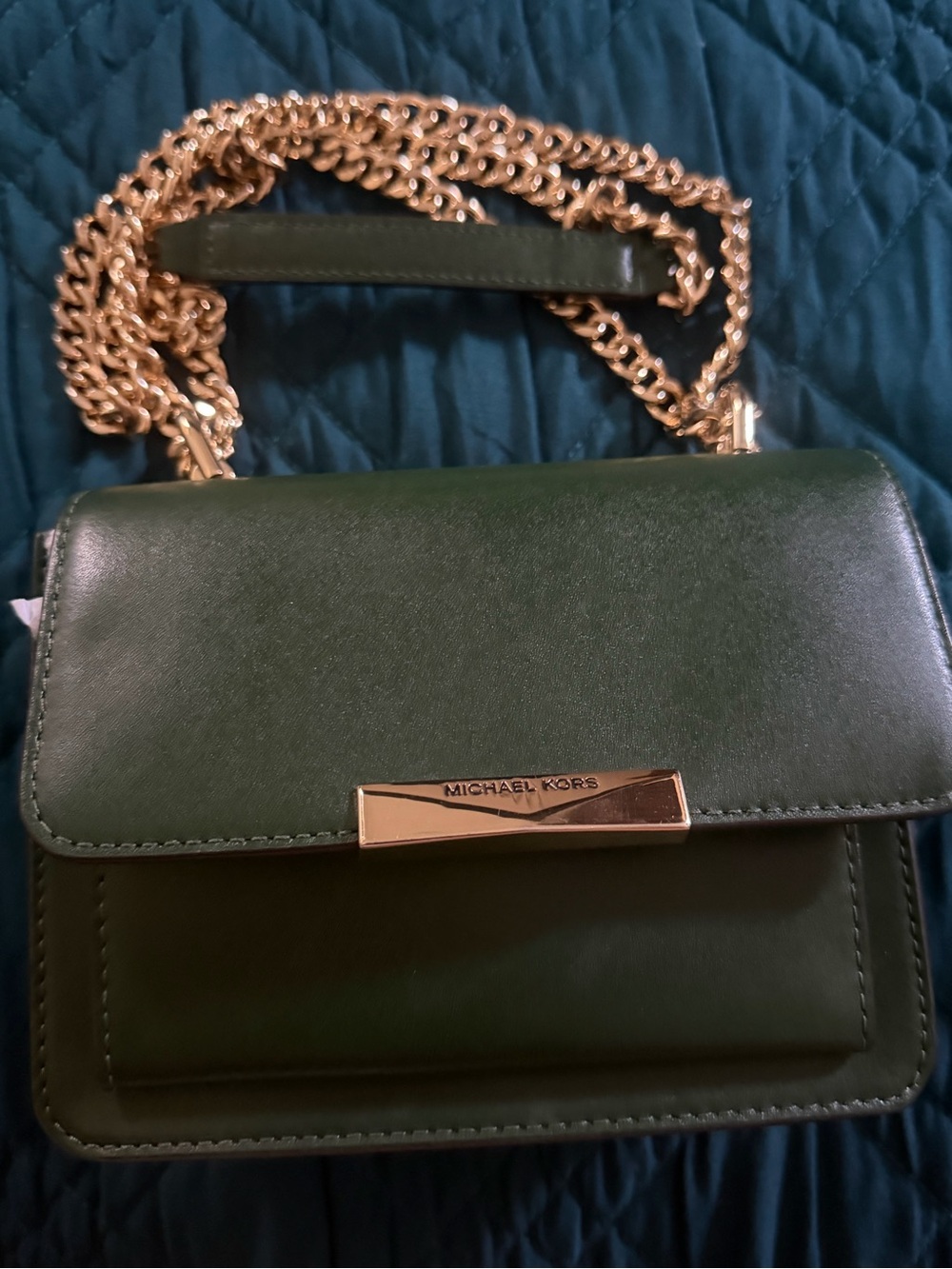 Michael Kors Dark Jade Green Leather Crossbody with Gold Chain